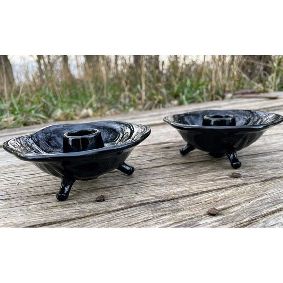 Vintage Pair Black Amethyst Glass 3 Footed Candlestick Holders - Picture 6 of 11